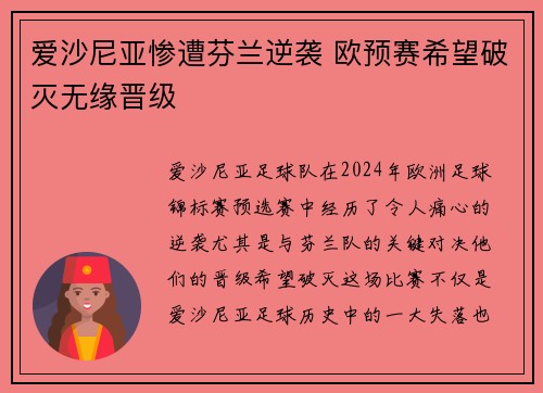 爱沙尼亚惨遭芬兰逆袭 欧预赛希望破灭无缘晋级