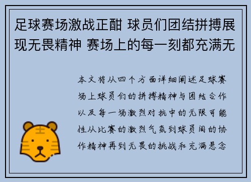 足球赛场激战正酣 球员们团结拼搏展现无畏精神 赛场上的每一刻都充满无限可能