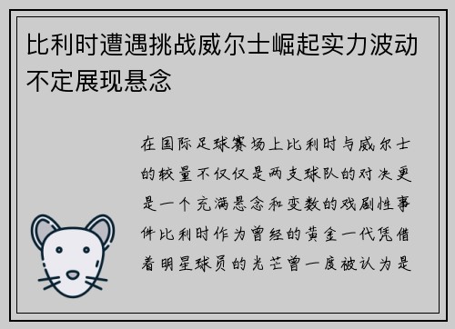 比利时遭遇挑战威尔士崛起实力波动不定展现悬念