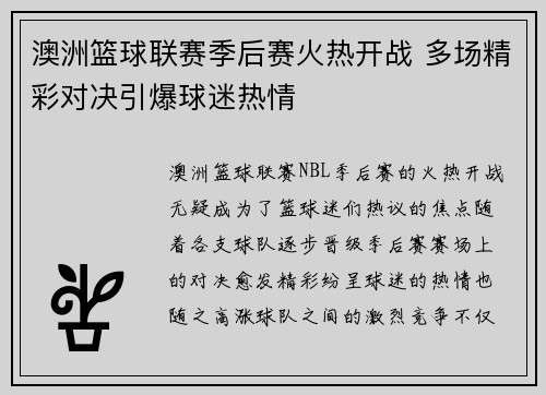 澳洲篮球联赛季后赛火热开战 多场精彩对决引爆球迷热情